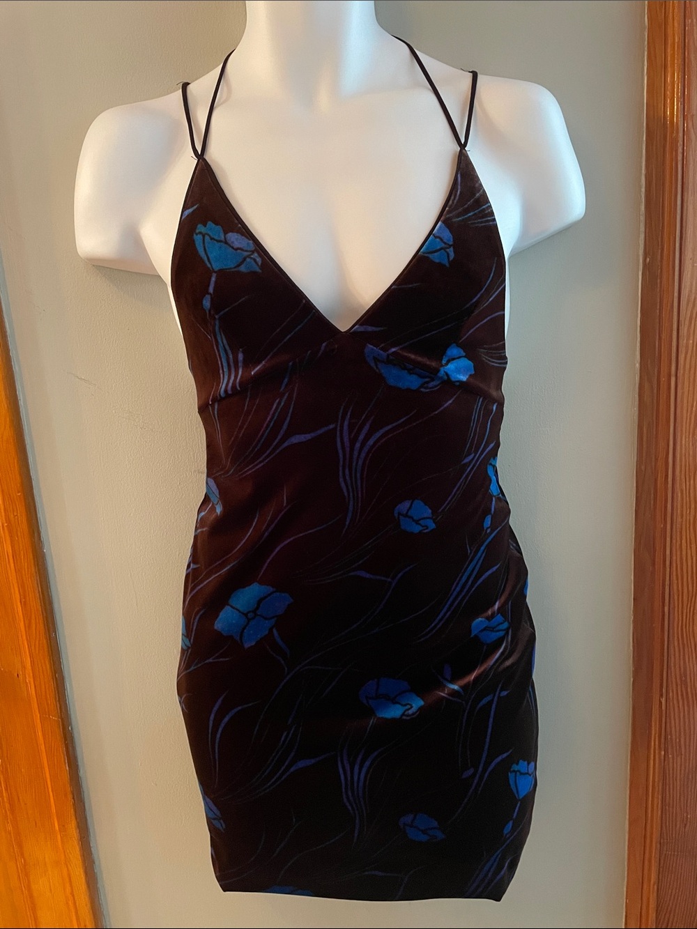 ECOTE Mini Spaghetti Strap Thin-Velvet Y2K Urban Brown & Blue Floral Print Dress